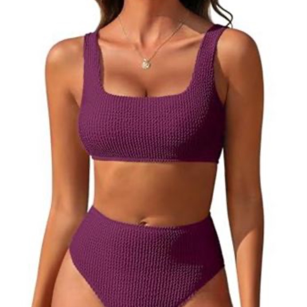 Textured Square-Neck High-Waist Bikini Set - Purple